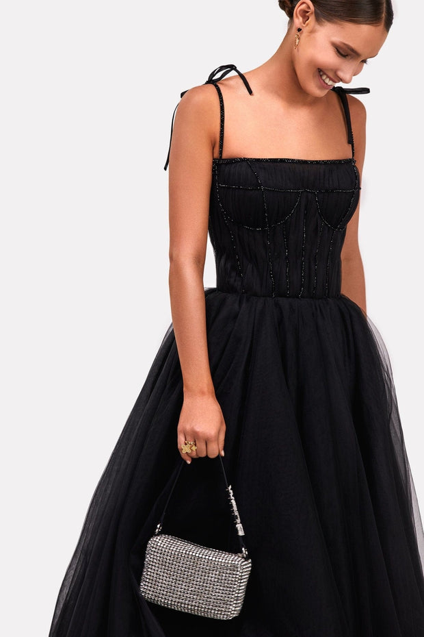 فستان Black Tie-strap cocktail dress with the elegant corset embroidery