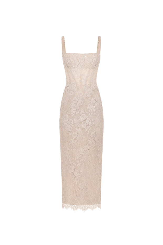 Embroidered beige sequined maxi dress