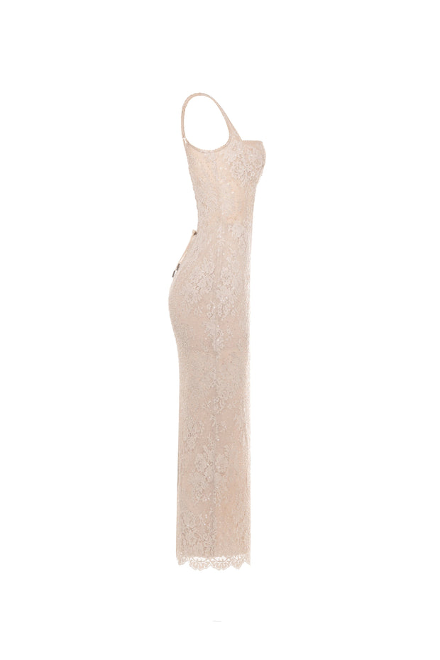 Embroidered beige sequined maxi dress