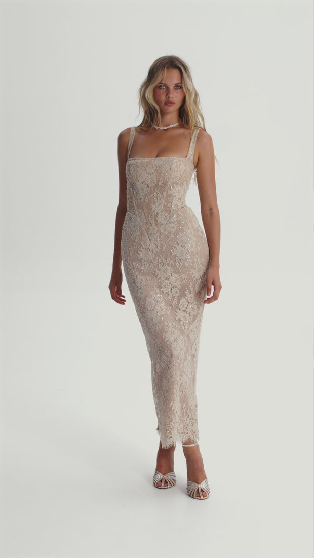 Embroidered beige sequined maxi dress