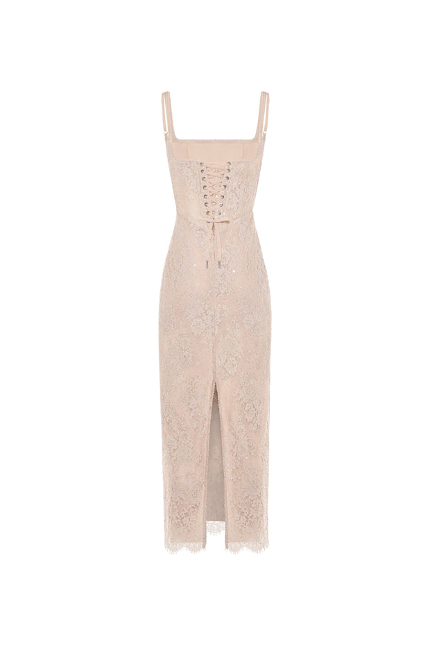 Embroidered beige sequined maxi dress
