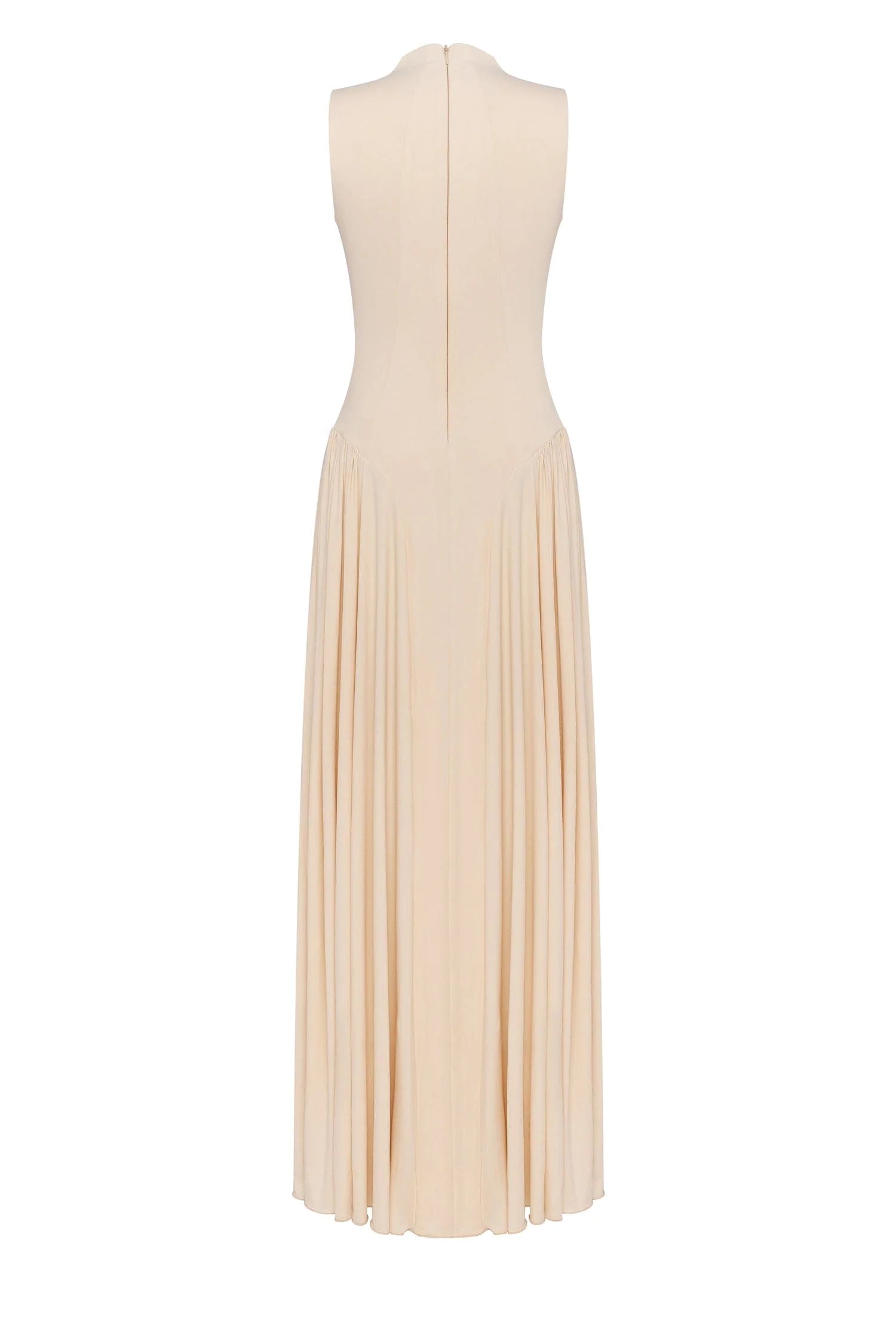Sleeveless high-neck maxi dress with a pleated skirt