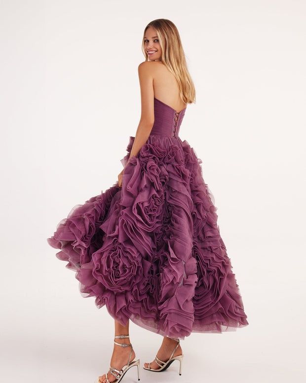 فستان Dramatically flowered tulle dress in wine color