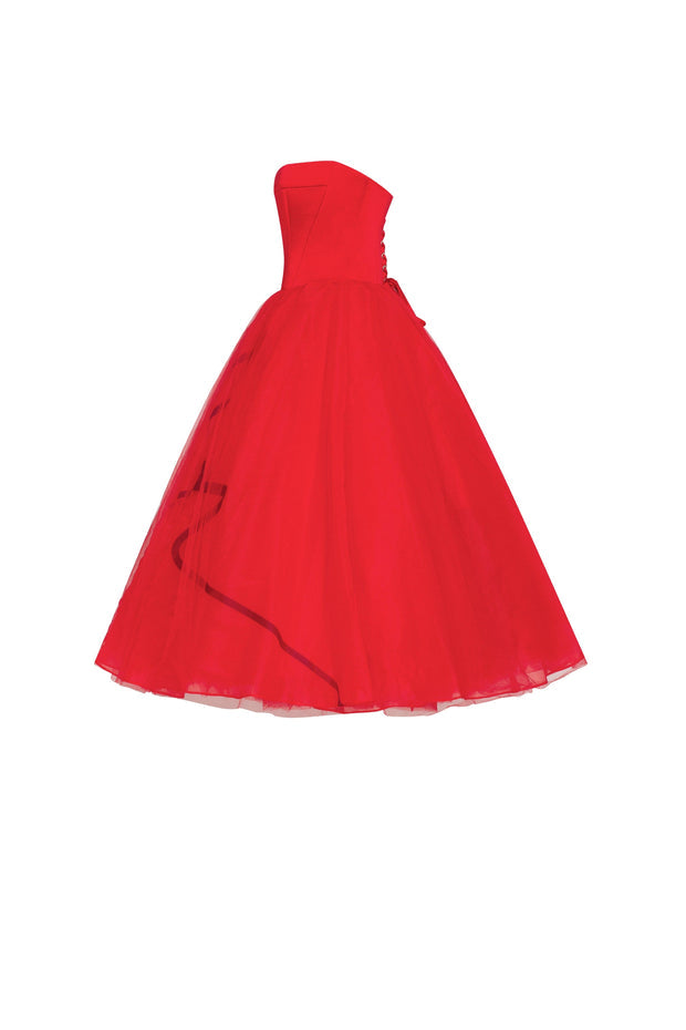 فستان Dramatic red organza dress adorned with Milla's signature and black gloves, Xo Xo