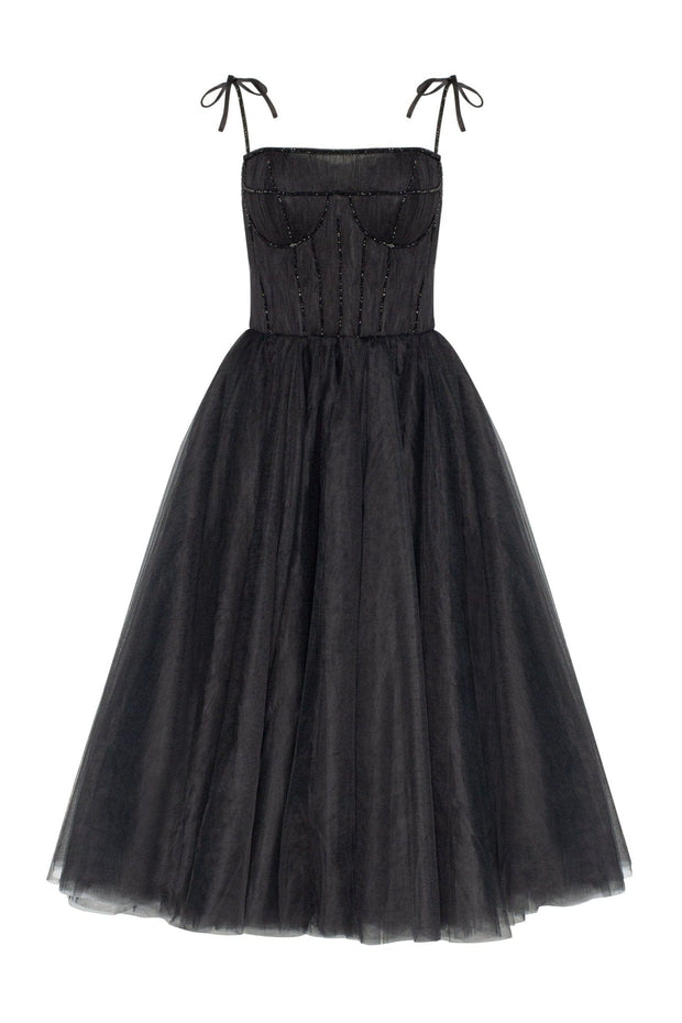 فستان Black Tie-strap cocktail dress with the elegant corset embroidery