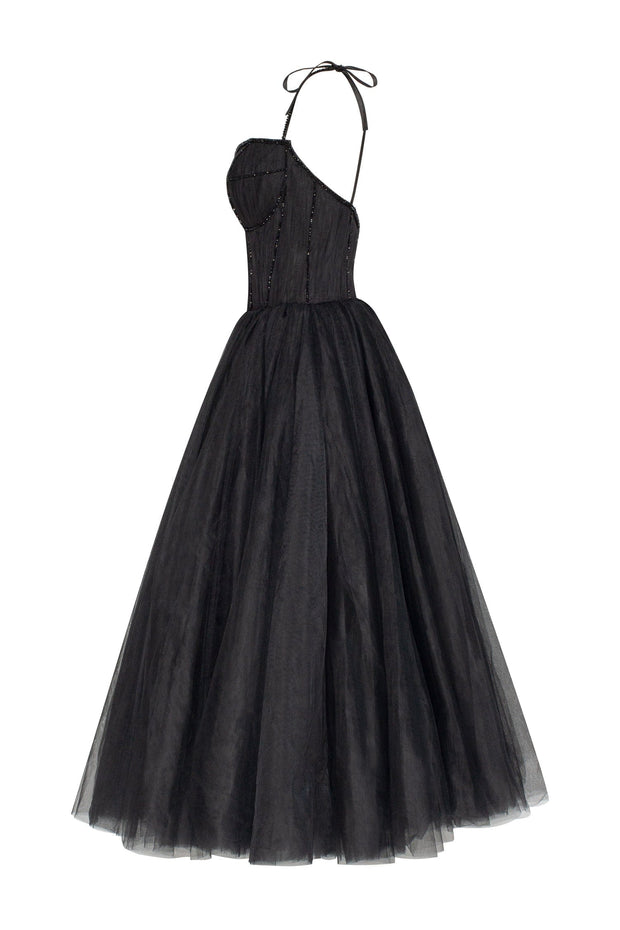 فستان Black Tie-strap cocktail dress with the elegant corset embroidery