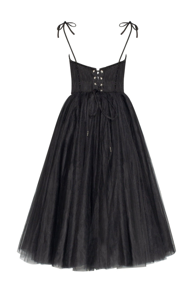 فستان Black Tie-strap cocktail dress with the elegant corset embroidery