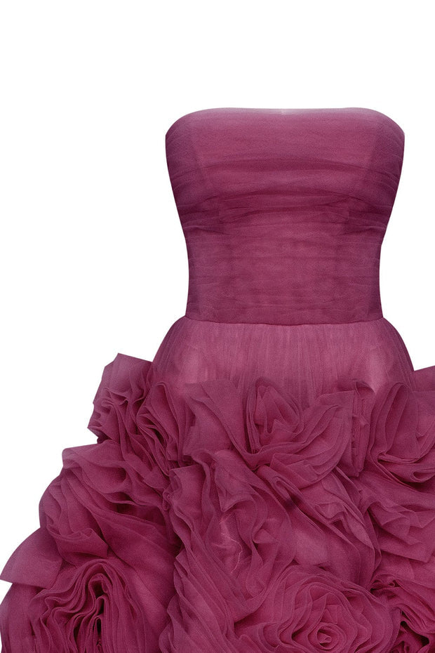 فستان Dramatically flowered tulle dress in wine color