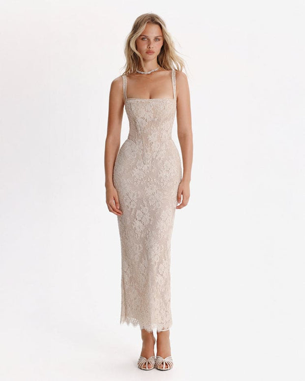 Embroidered beige sequined maxi dress