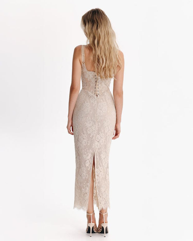 Embroidered beige sequined maxi dress