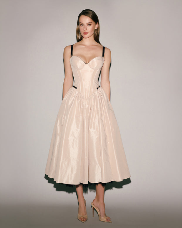 Nude Corset Midi Dress with Contrast Details