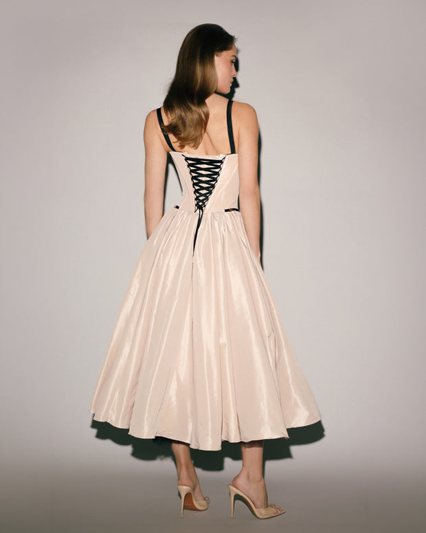 Nude Corset Midi Dress with Contrast Details