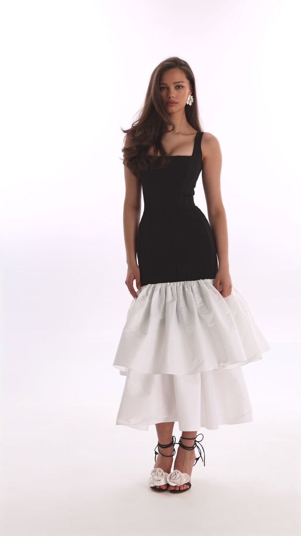 Black fitted maxi dress with white puffy tiered skirt, Parisienne