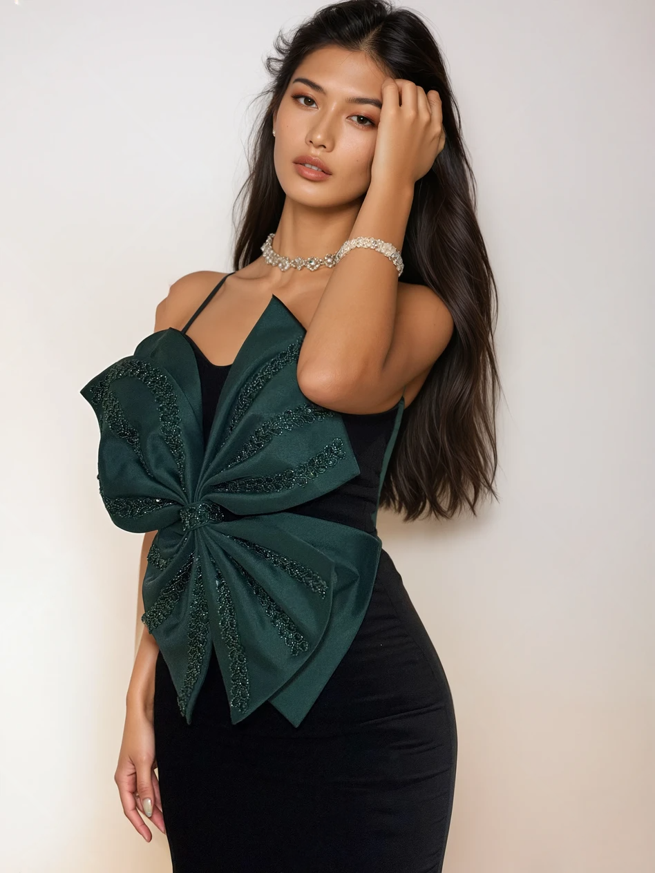 Elegant Black Mermaid Evening Dress with Statement Green Bow